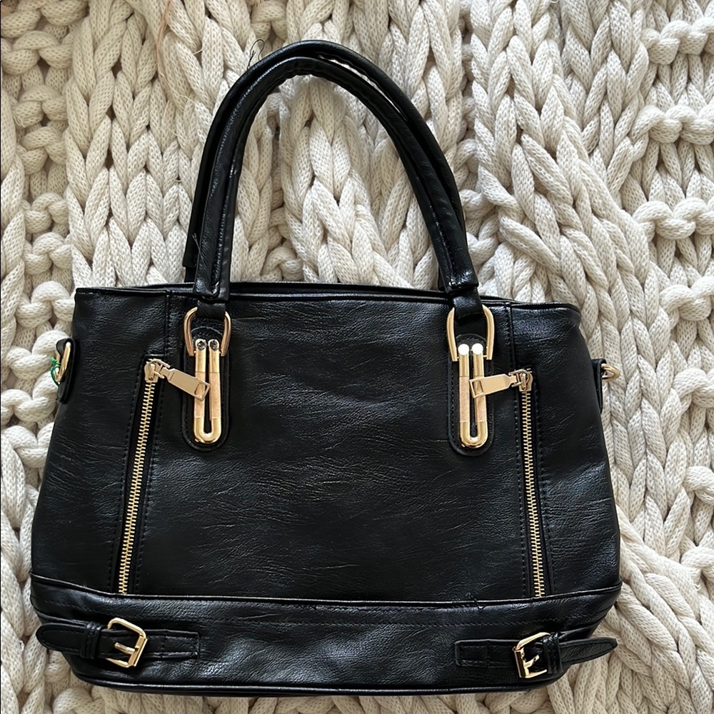 Classic Black faux? Leather Tote Handbag with Gold Hardware